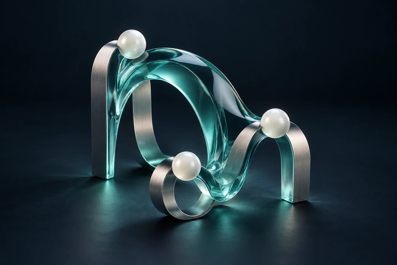 Sculptural glass and metal forms connected by a teal bridge, representing people and agents working together.